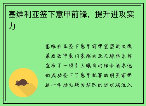 塞维利亚签下意甲前锋，提升进攻实力