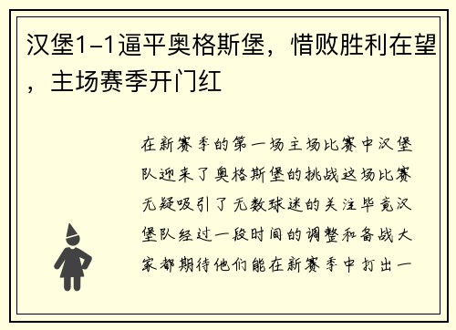 汉堡1-1逼平奥格斯堡，惜败胜利在望，主场赛季开门红