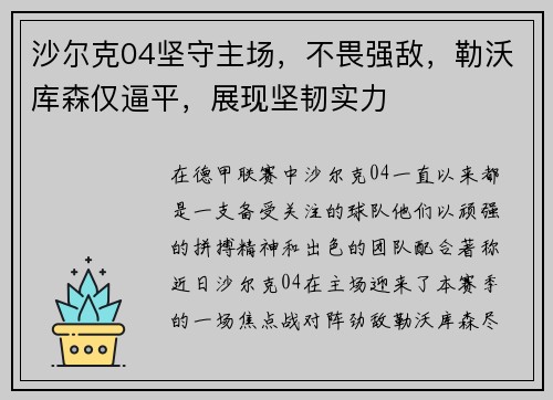 沙尔克04坚守主场，不畏强敌，勒沃库森仅逼平，展现坚韧实力