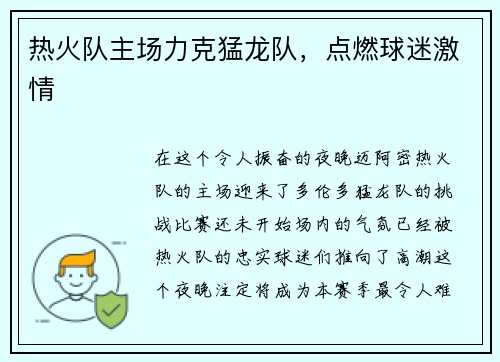 热火队主场力克猛龙队，点燃球迷激情
